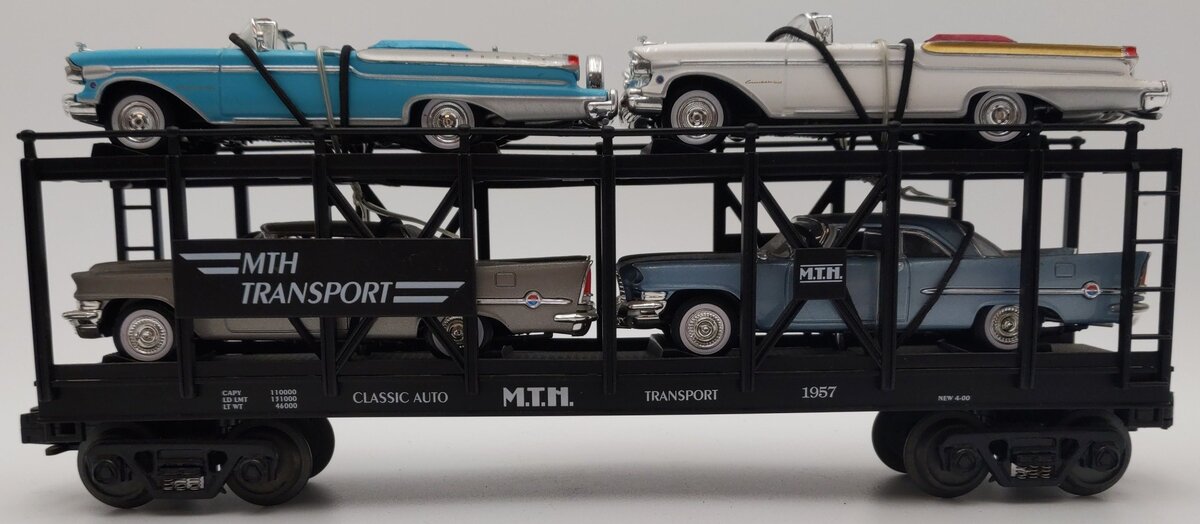 MTH 30-7676 O Gauge MTH Auto Carrier w/ 4 Ertl 1957 Automobiles EX