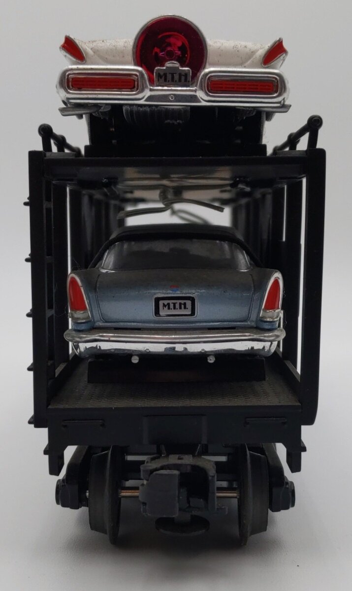 MTH 30-7676 O Gauge MTH Auto Carrier w/ 4 Ertl 1957 Automobiles EX
