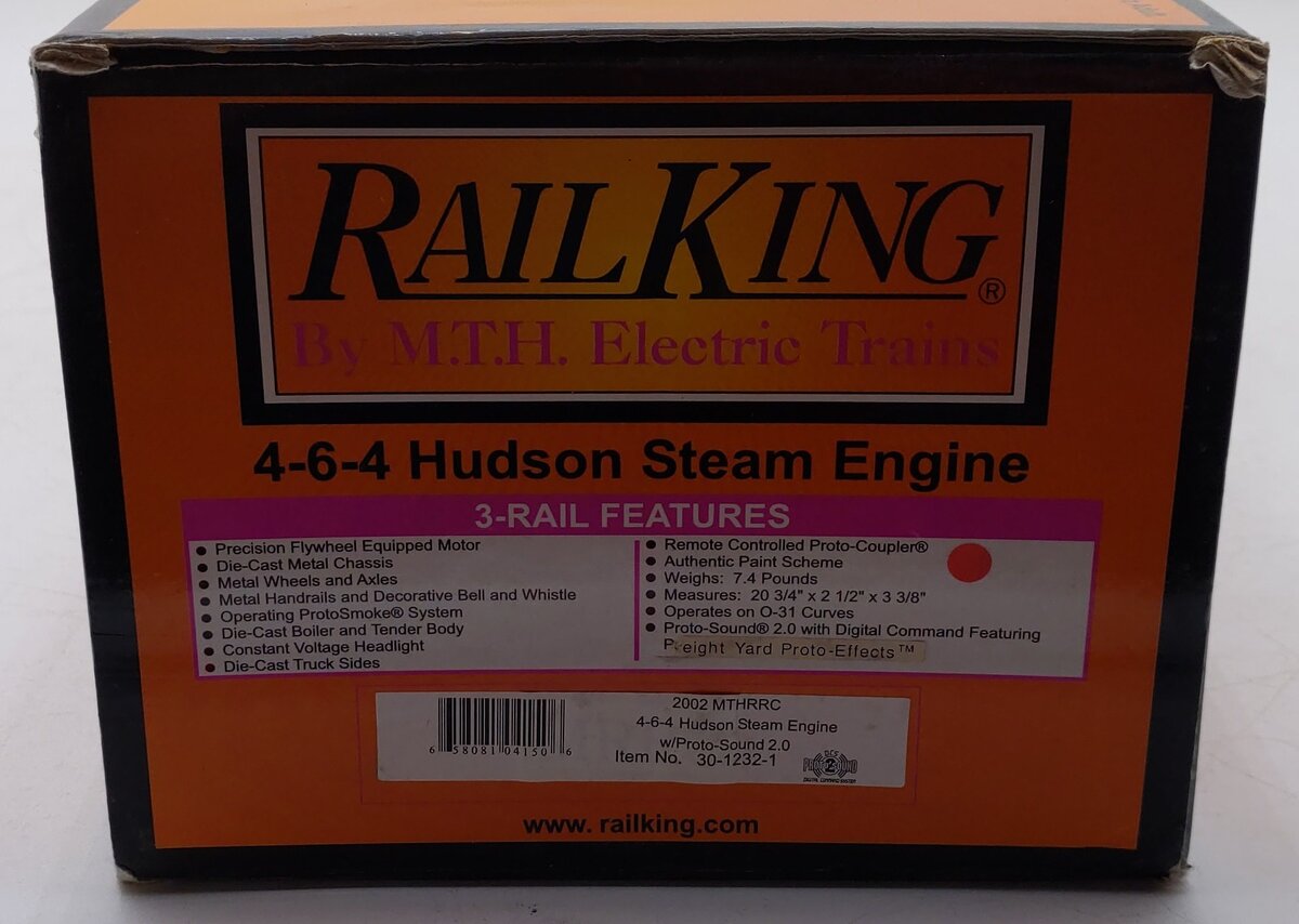 MTH 30-1232-1 O Gauge MTH 4-6-4 Hudson Steam Locomotive #2002 w/PS2 VG/Box