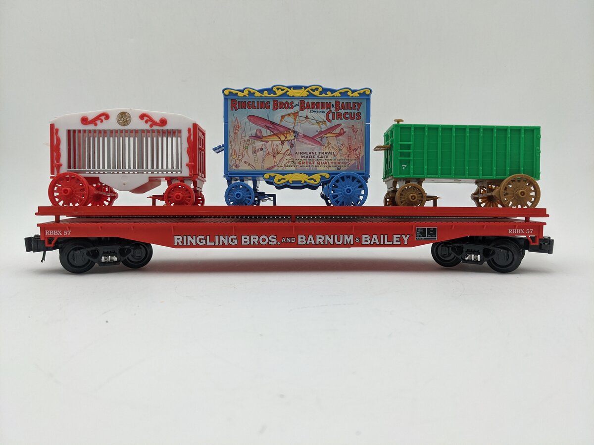 K-Line 6-21238 O Gauge Ringling Bros. Flat Car # 57 w/3 Circus Wagons EX