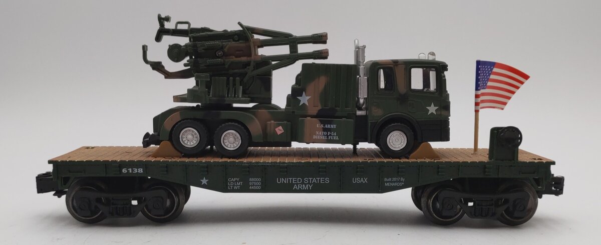 Menards 279-3479 O Gauge US Army Flatcar with Army Tuck & Gun #6138 EX