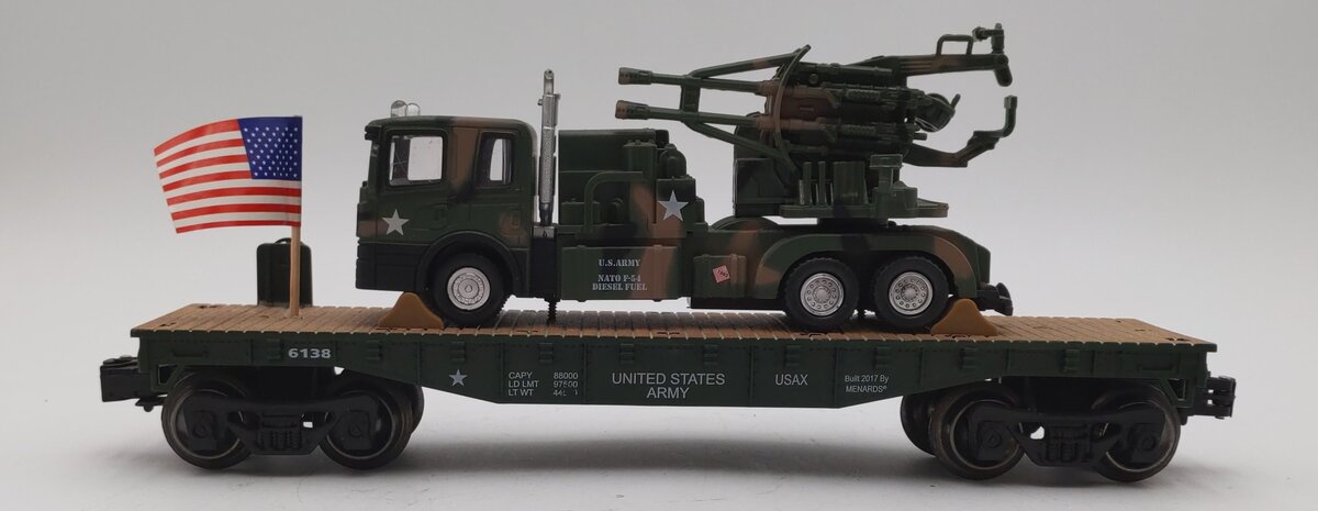 Menards 279-3479 O Gauge US Army Flatcar with Army Tuck & Gun #6138 EX