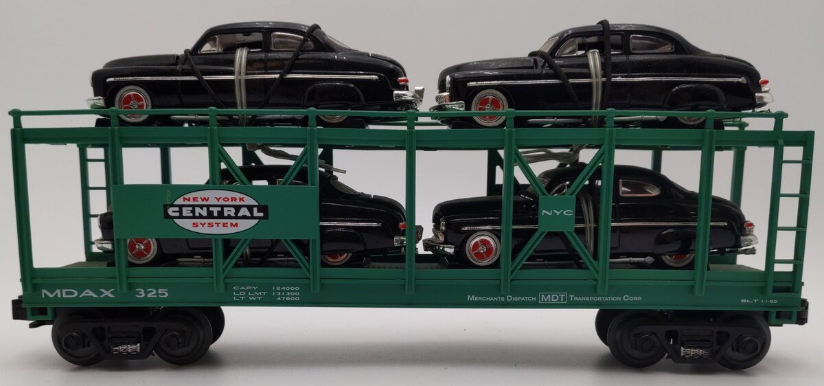 MTH 30-7682 O New York Central Auto Carrier #325 with (4) Ertl 1949 Mercurys EX
