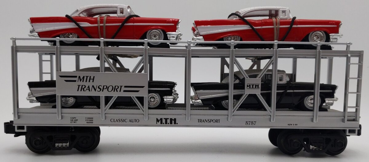 MTH 30-7656 O Gauge MTH Auto Carrier W/ 4 Diecast 1957 Chevy Automobiles EX