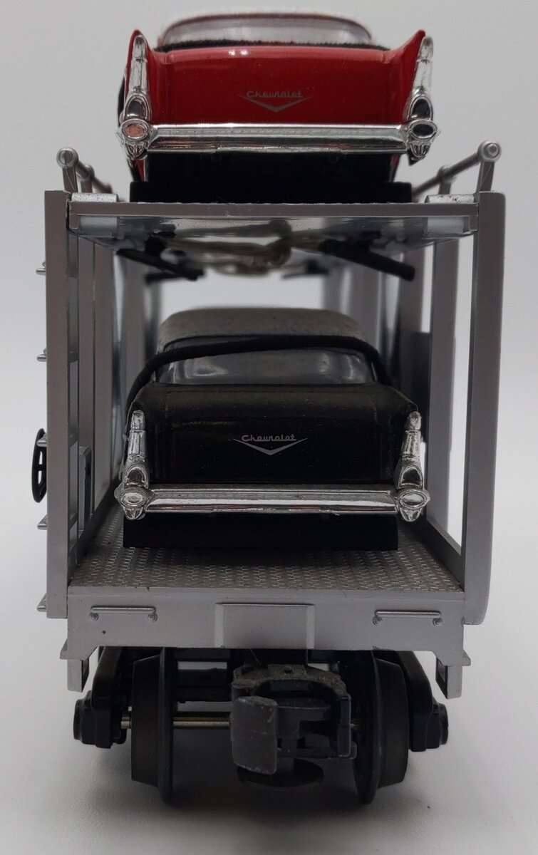 MTH 30-7656 O Gauge MTH Auto Carrier W/ 4 Diecast 1957 Chevy Automobiles EX