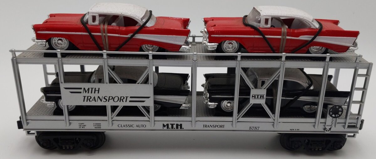 MTH 30-7656 O Gauge MTH Auto Carrier W/ 4 Diecast 1957 Chevy Automobiles EX
