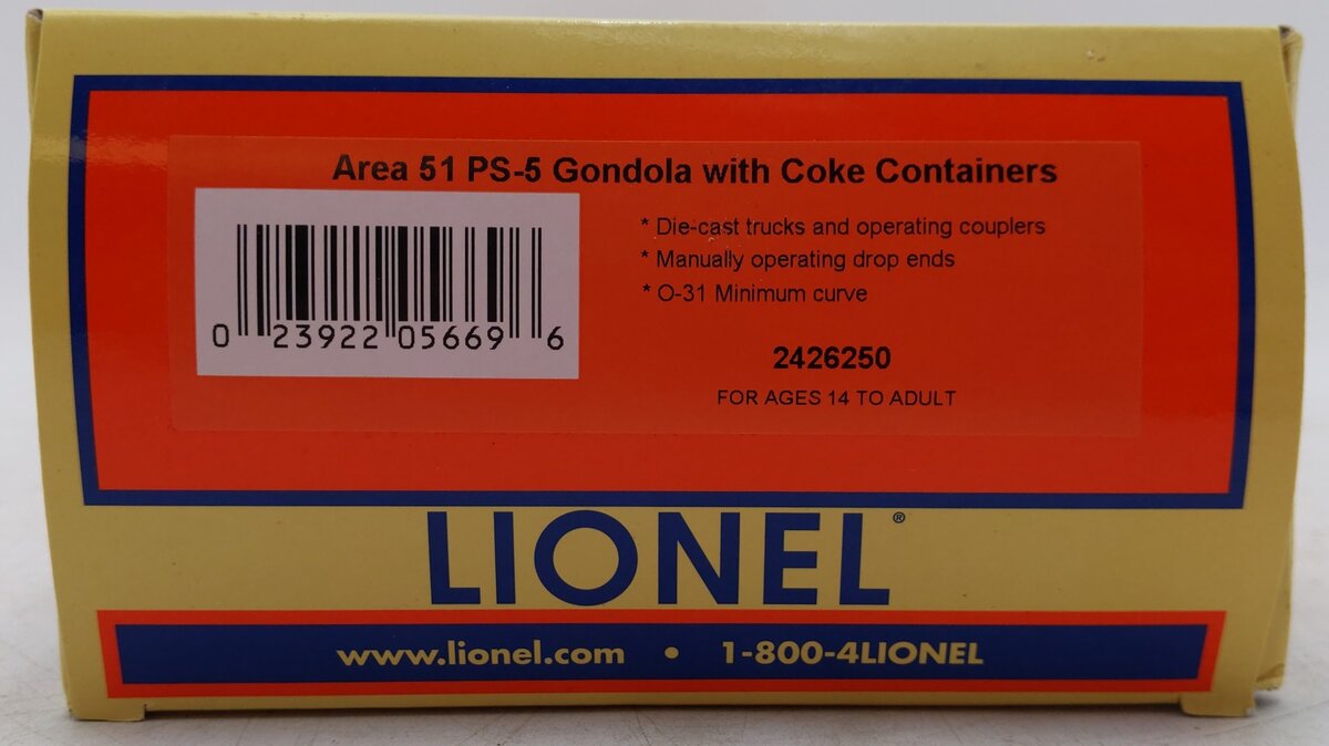 Lionel 2426250 O Area 51 PS-5 Gondola with Coke Containers #X51-2650N/Box