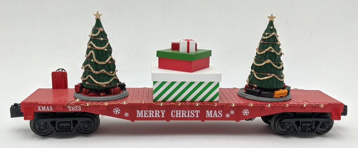 MTH 30-76865 O Christmas Red Flat Car w/Lighted Christmas Trees #2023 EX