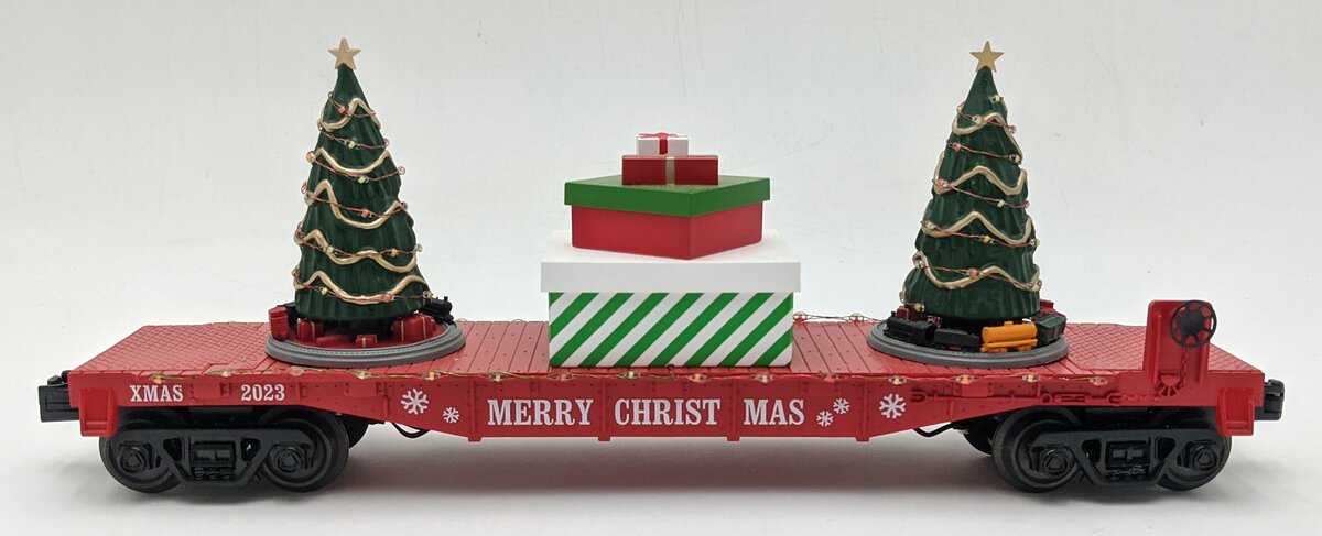 MTH 30-76865 O Christmas Red Flat Car w/Lighted Christmas Trees #2023 EX