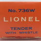 Lionel 736W Vintage O Pennsylvania Whistling Tender -Empty Box Only VG/Box