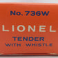 Lionel 736W Vintage O Pennsylvania Whistling Tender -Empty Box Only VG/Box