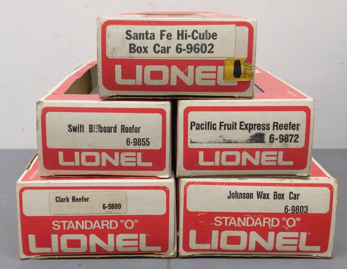 Lionel O Gauge Assorted Freight Cars [5]: 9809, 9803, 9602, 9872, & 9855 VG/Box