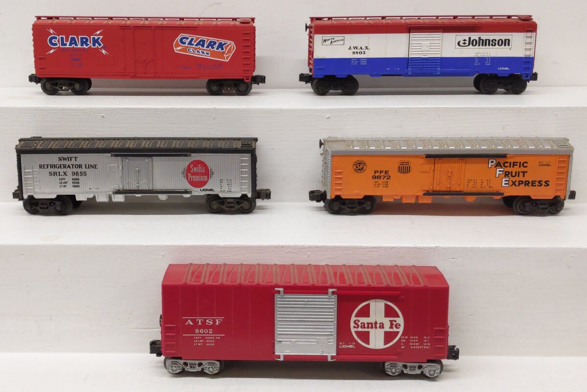 Lionel O Gauge Assorted Freight Cars [5]: 9809, 9803, 9602, 9872, & 9855 VG/Box