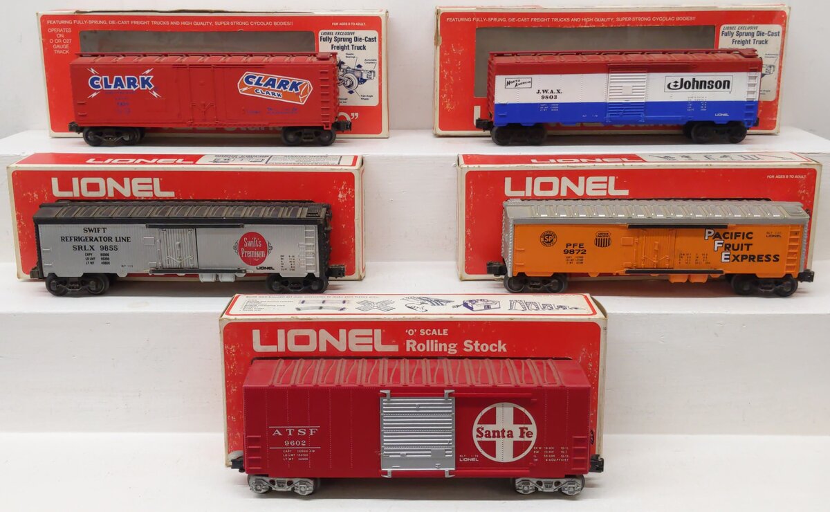 Lionel O Gauge Assorted Freight Cars [5]: 9809, 9803, 9602, 9872, & 9855 VG/Box