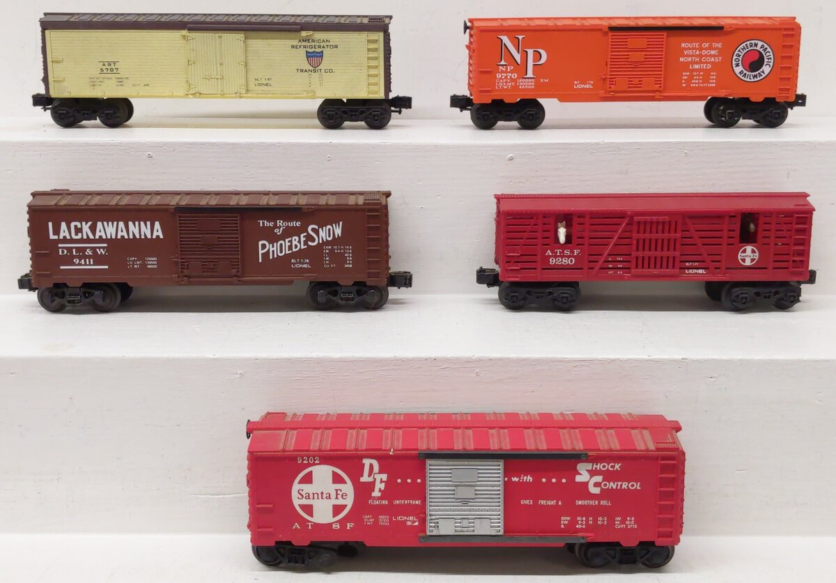 Lionel O Gauge Assorted Freight Cars: 9202, 9280, 5707, 9411, & 9770 [5] VG/Box