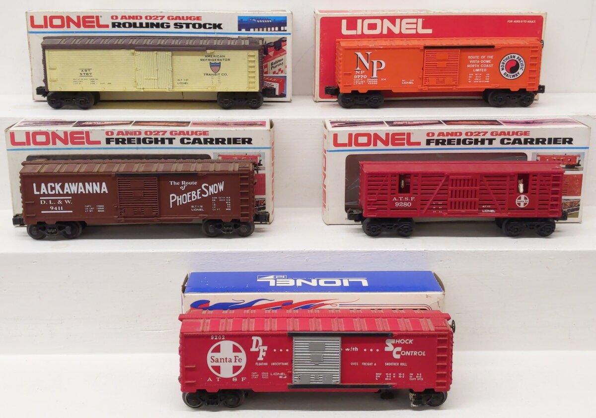 Lionel O Gauge Assorted Freight Cars: 9202, 9280, 5707, 9411, & 9770 [5] VG/Box