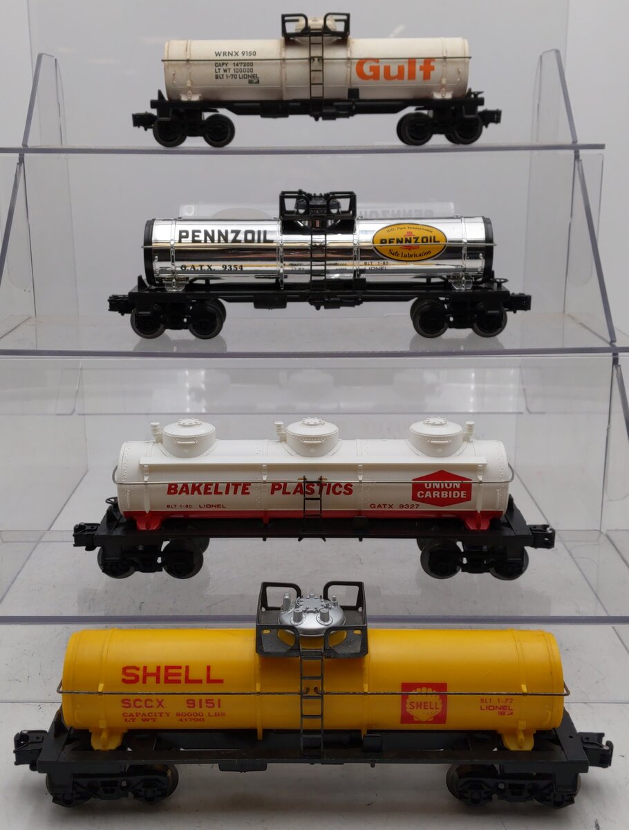 Lionel O Gauge Assorted Tank Cars: 6-9151, 6-9327, 6-9354, 6-9150 [4] VG