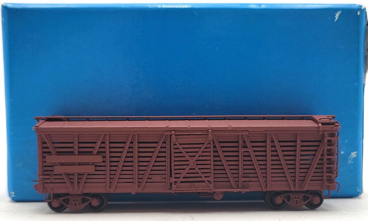 Pecos River Brass N Scale Brass Unlettered Stock Car w/ Decals EX/Box