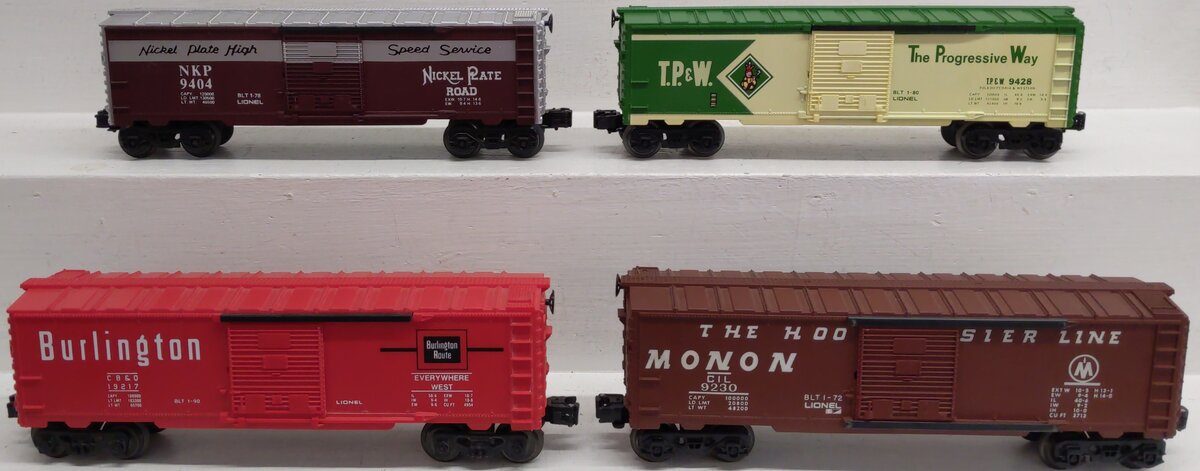 Lionel O Gauge Assorted Freight Cars: 6-9230, 6-9404, 6-9428. 6-19217 [4] EX