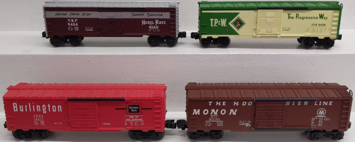Lionel O Gauge Assorted Freight Cars: 6-9230, 6-9404, 6-9428. 6-19217 [4] EX