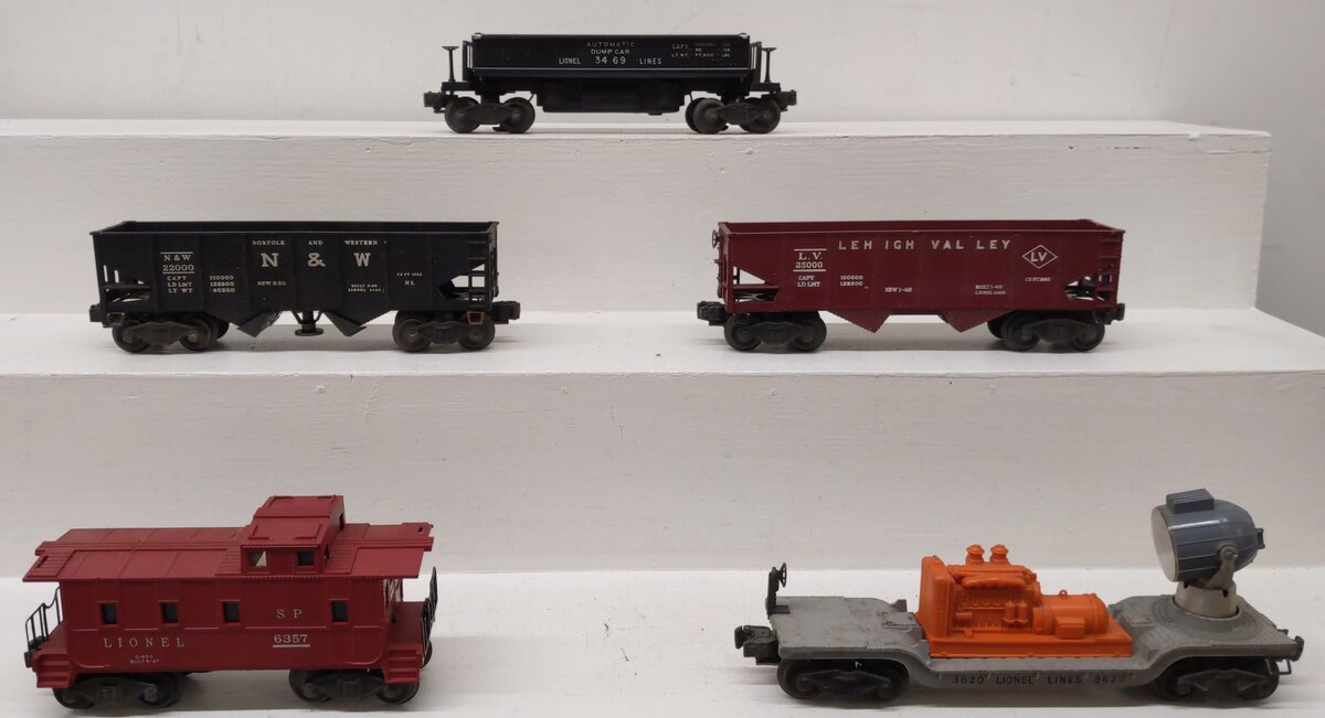 Lionel Vintage O Freight Cars: 3456, 3469, 6456-25, 3620, 6357 [5] VG