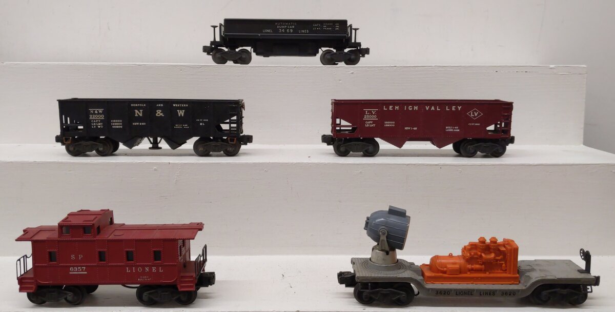 Lionel Vintage O Freight Cars: 3456, 3469, 6456-25, 3620, 6357 [5] VG