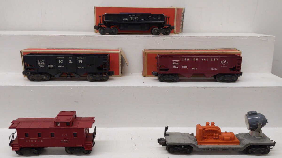 Lionel Vintage O Freight Cars: 3456, 3469, 6456-25, 3620, 6357 [5] VG
