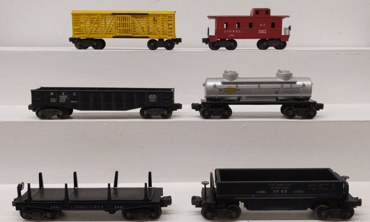 Lionel Vintage O Freight Cars: 3461, 3469X, 6465, 6656, 6462, 6257 [6] VG