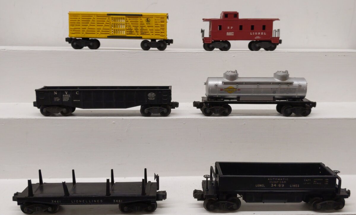 Lionel Vintage O Freight Cars: 3461, 3469X, 6465, 6656, 6462, 6257 [6] VG