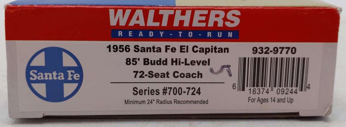 Walthers 932-9770 HO Santa Fe 1956 El Capitan 85' Budd Hi-Level 72-Seat Coach LN/Box