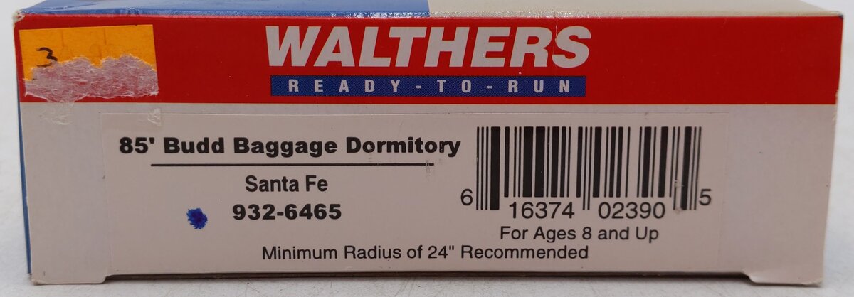 Walthers 932-6465 HO Scale Santa Fe 85' Budd Baggage Dormitory Car EX/Box