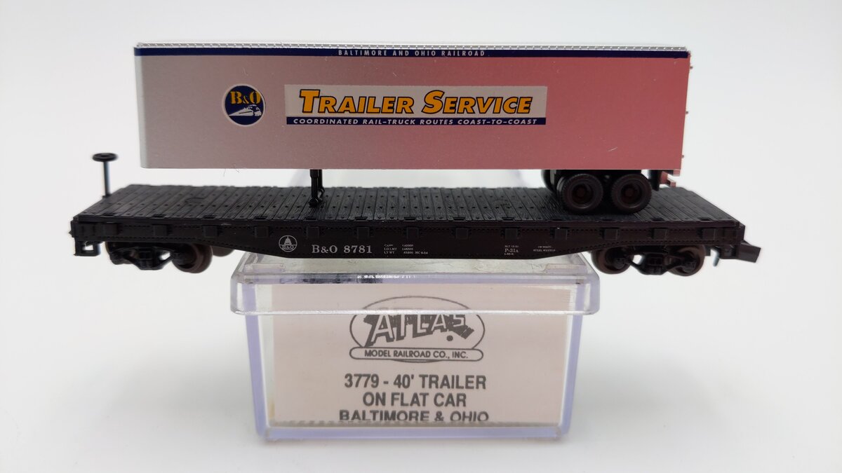 Atlas 3779 N Scale Baltimore & Ohio Flat Car w/40' Trailer #8781 EX/Box
