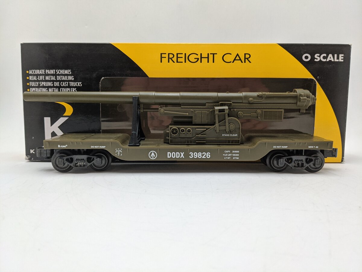 K-Line K662-8011 O Gauge DODX Depressed Center Flatcar w/Cannon EX/Box