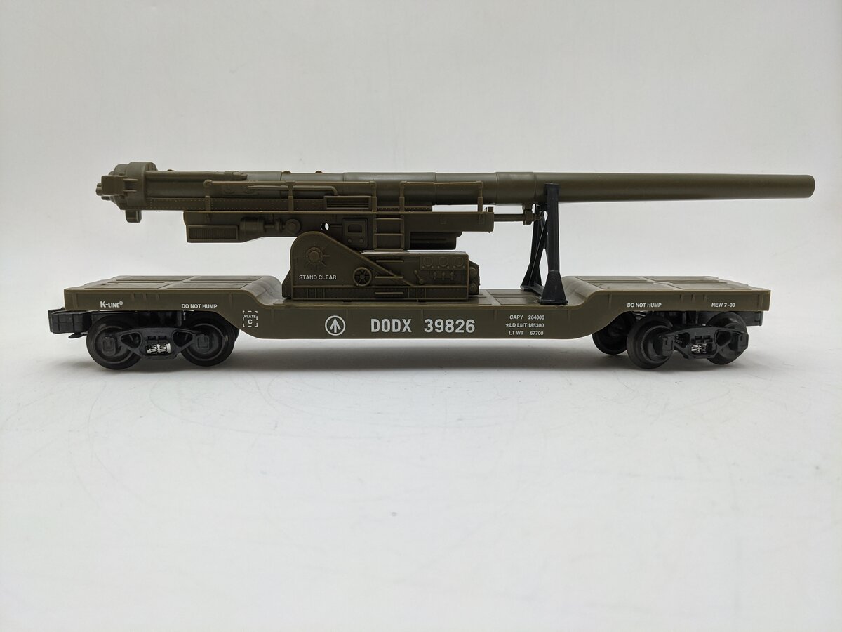 K-Line K662-8011 O Gauge DODX Depressed Center Flatcar w/Cannon EX/Box