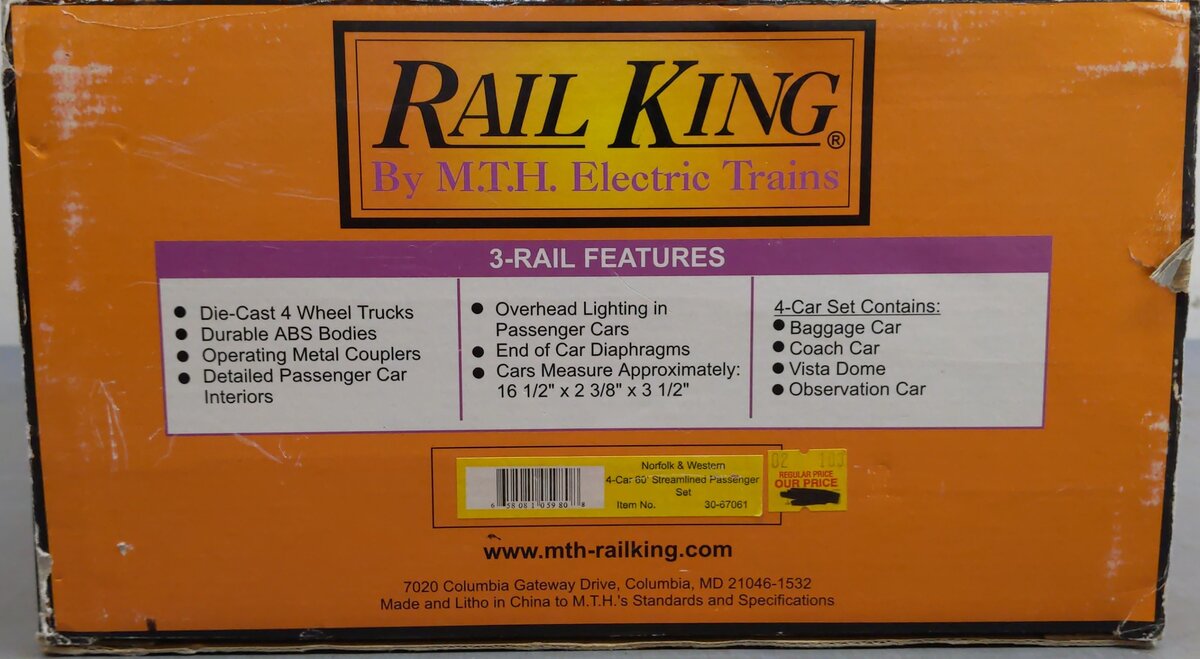 MTH 30-67061 O Norfolk & Western 60' Steamlined ABS Passenger Car Set (Set of 4) LN/Box