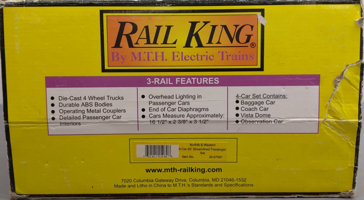 MTH 30-67061 O Norfolk & Western 60' Steamlined ABS Passenger Car Set (Set of 4) LN/Box
