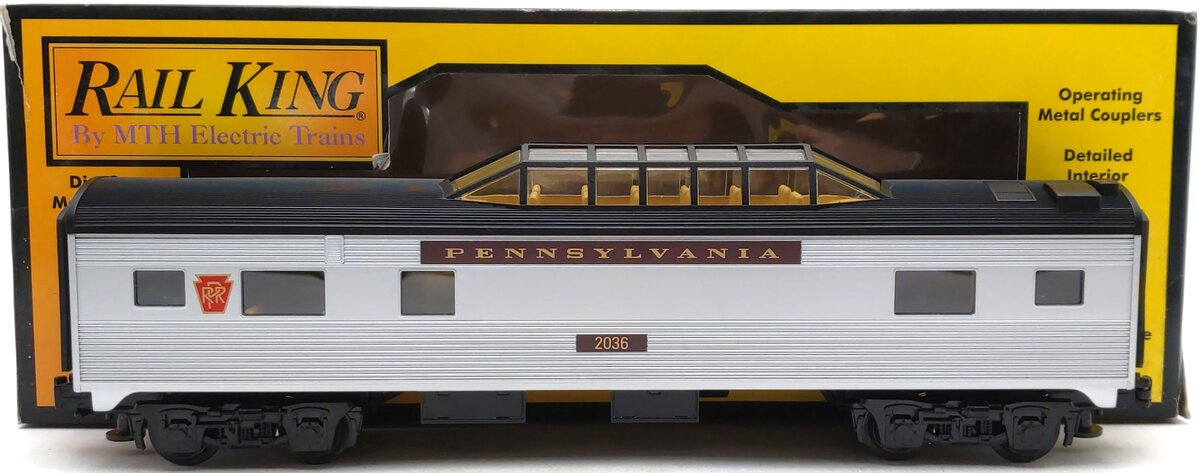 MTH 30-6072 O Gauge Pennsylvania Streamlined Vista Dome Passenger Car #2036 LN/Box
