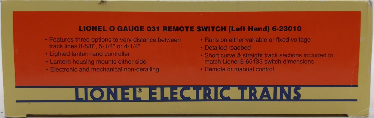 Lionel 6-23010 O-31 Left Hand Remote Control Switch Turnout LN/Box