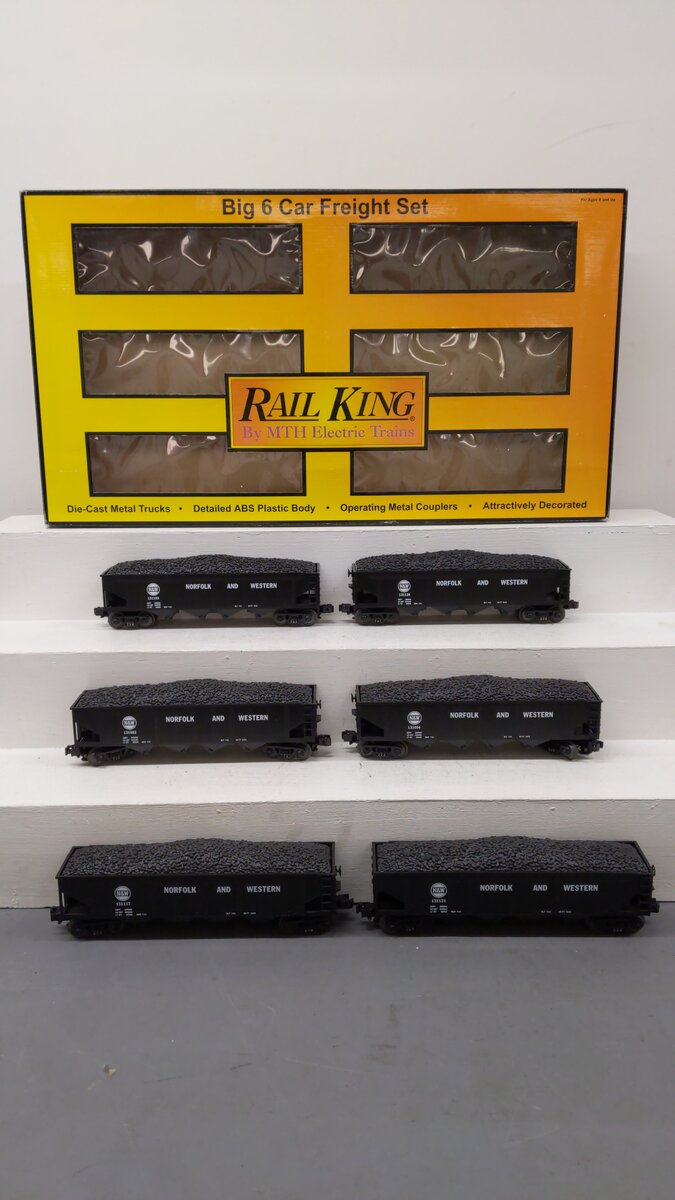 MTH 30-7535 O Gauge Norfolk & Western 4-Bay Hoppers w/Coal Loads 6-Car Set #1 EX/Box