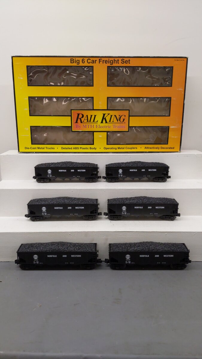 MTH 30-7536 O Gauge Norfolk & Western 4-Bay Hopper with Coal Load 6-Car Set #2 EX/Box