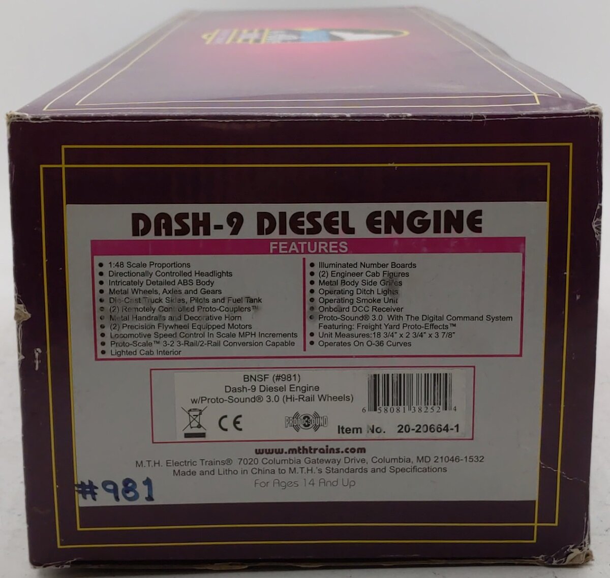 MTH 20-20664-1 O Gauge BNSF Dash-9 Diesel Engine w/ ProtoSound 3.0 #981 EX/Box