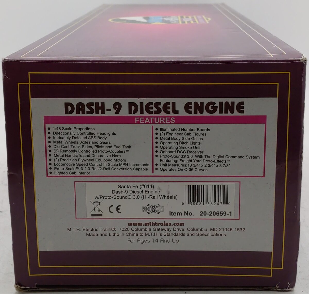MTH 20-20659-1 O Santa Fe Dash-9 Diesel Locomotive #614 w/ Proto-Sound 3.0 LN/Box