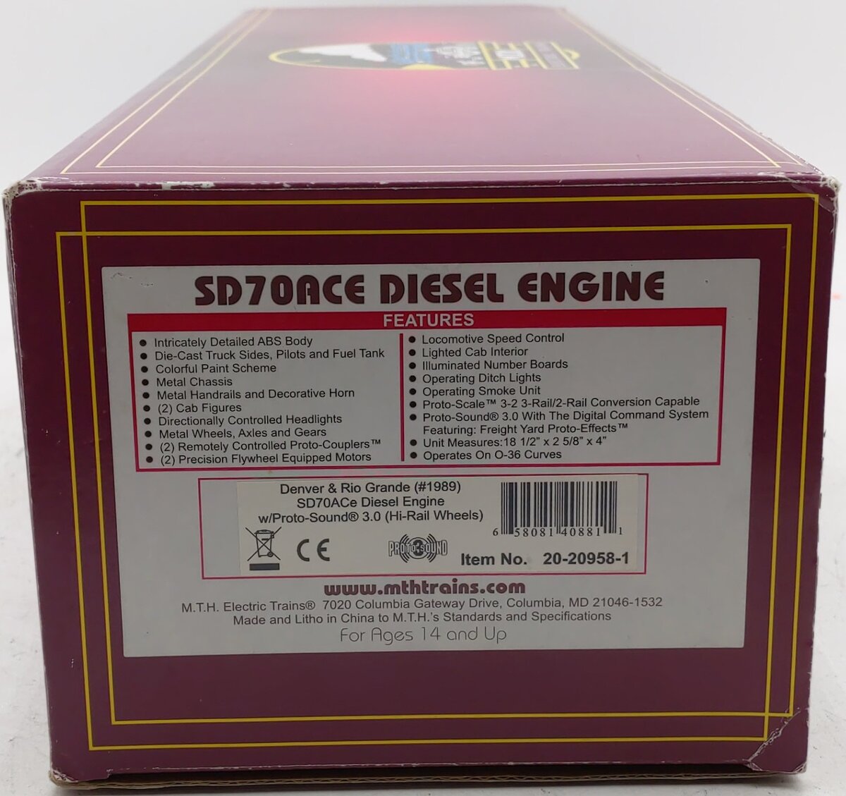 MTH 20-20958-1 O Gauge Denver & Rio Grande SD70ACe Diesel Engine w/ PS 3.0 #1989 LN/Box