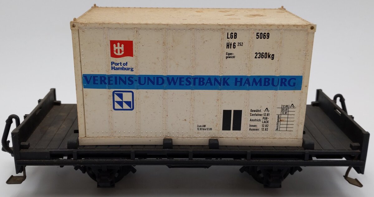LGB 4003 G Scale Flatcar w/4069 Vereins-Und Westbank Hamburg Container VG