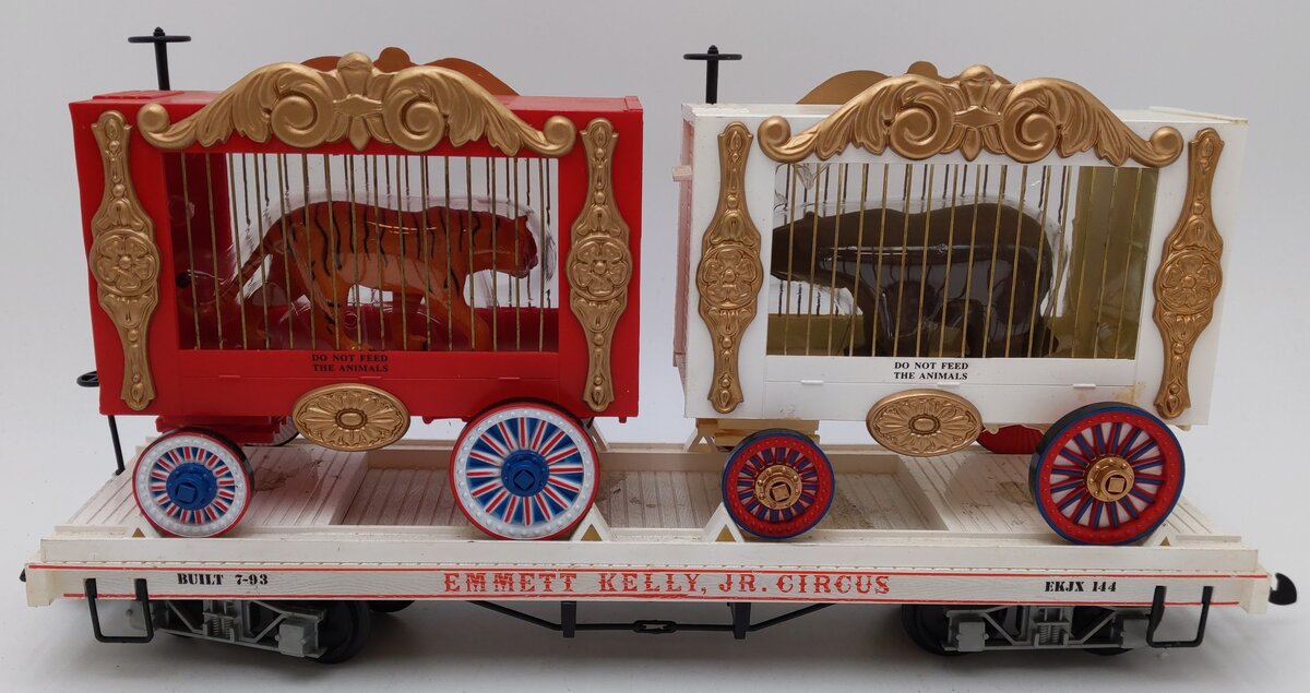 Bachmann 98372 G Emmett Kelley, JR. Circus Flatcar w/2 Animal Cages White & Red VG