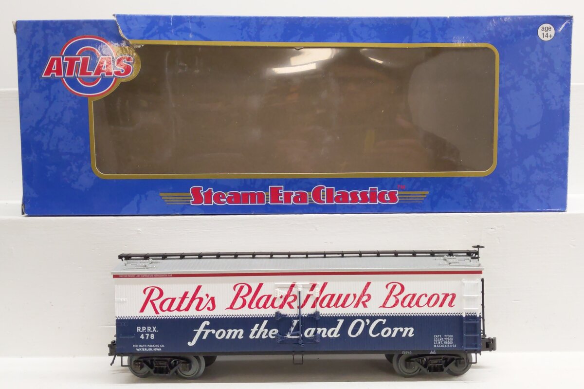 Atlas 3001561-2 O Rath's Black Hawk Bacon 40' Wood Reefer Car #478 (3-Rail) LN/Box