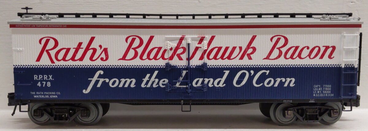 Atlas 3001561-2 O Rath's Black Hawk Bacon 40' Wood Reefer Car #478 (3-Rail) LN/Box