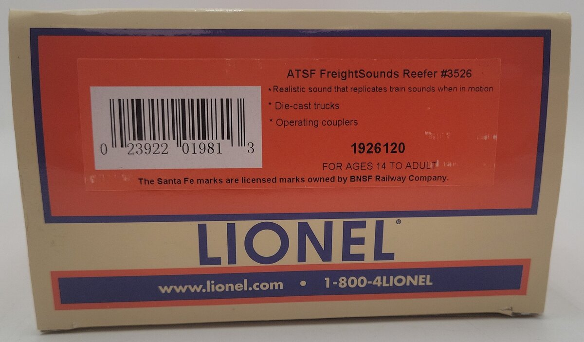 Lionel 1926120 O Gauge Santa Fe Freight Sounds Reefer #3526 EX/Box
