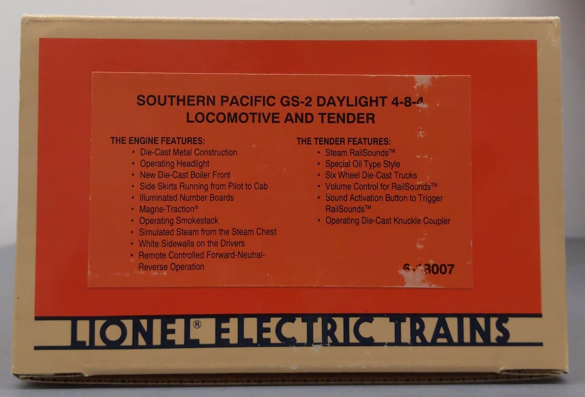 Lionel 6-18007 O Gauge SP Daylight 4-8-4 Steam Locomotive & Tender #4410 w/RS LN/Box