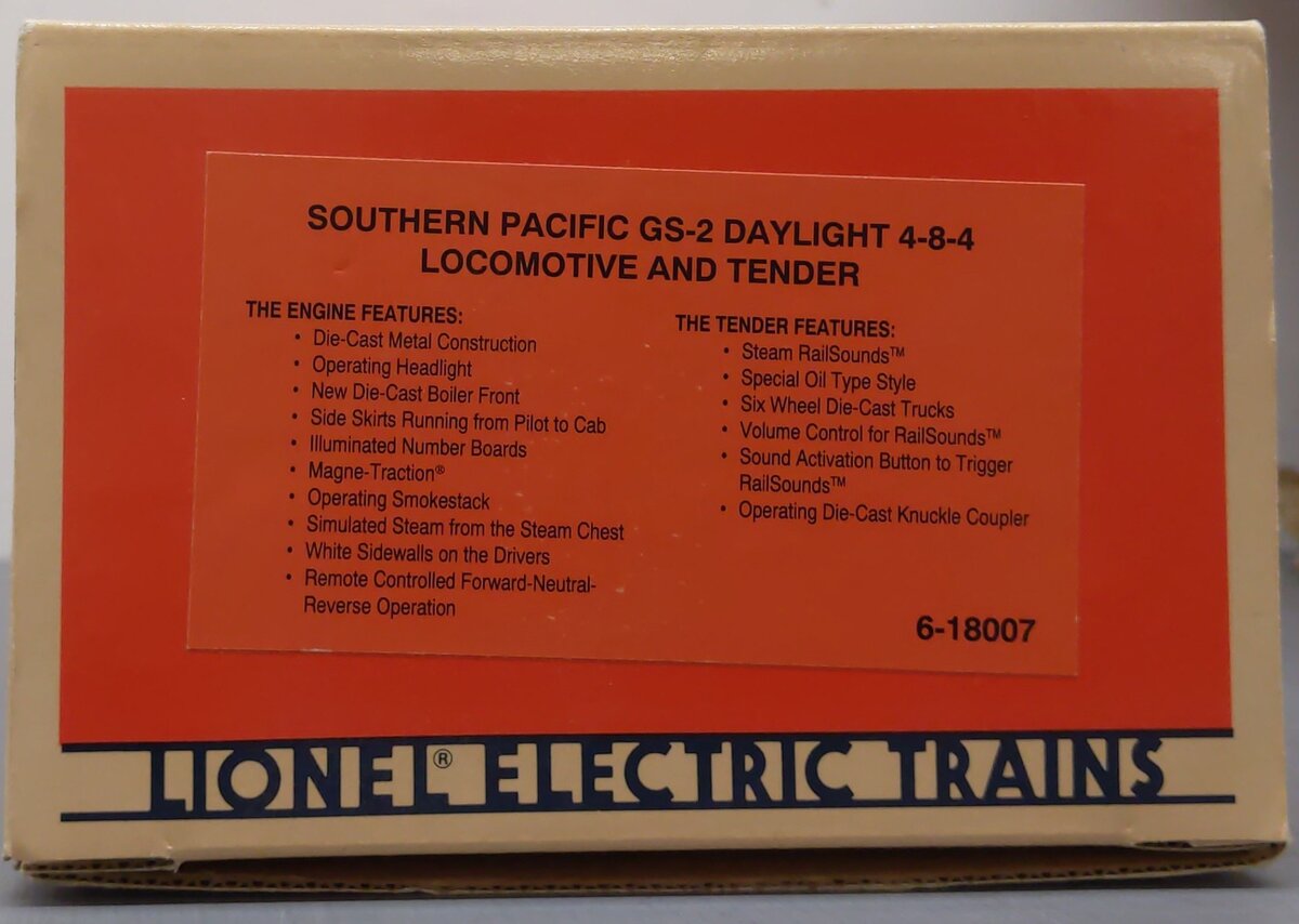 Lionel 6-18007 O Gauge SP Daylight 4-8-4 Steam Locomotive & Tender #4410 w/RS LN/Box